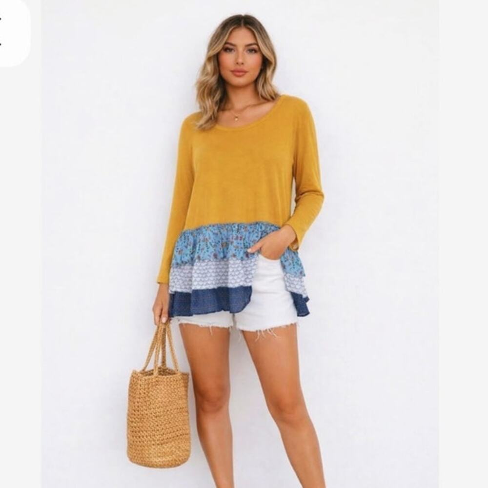 Matilda Jane Weekend Vibes Ruffle Hem Top Yellow Mustard‎ Women's M Floral